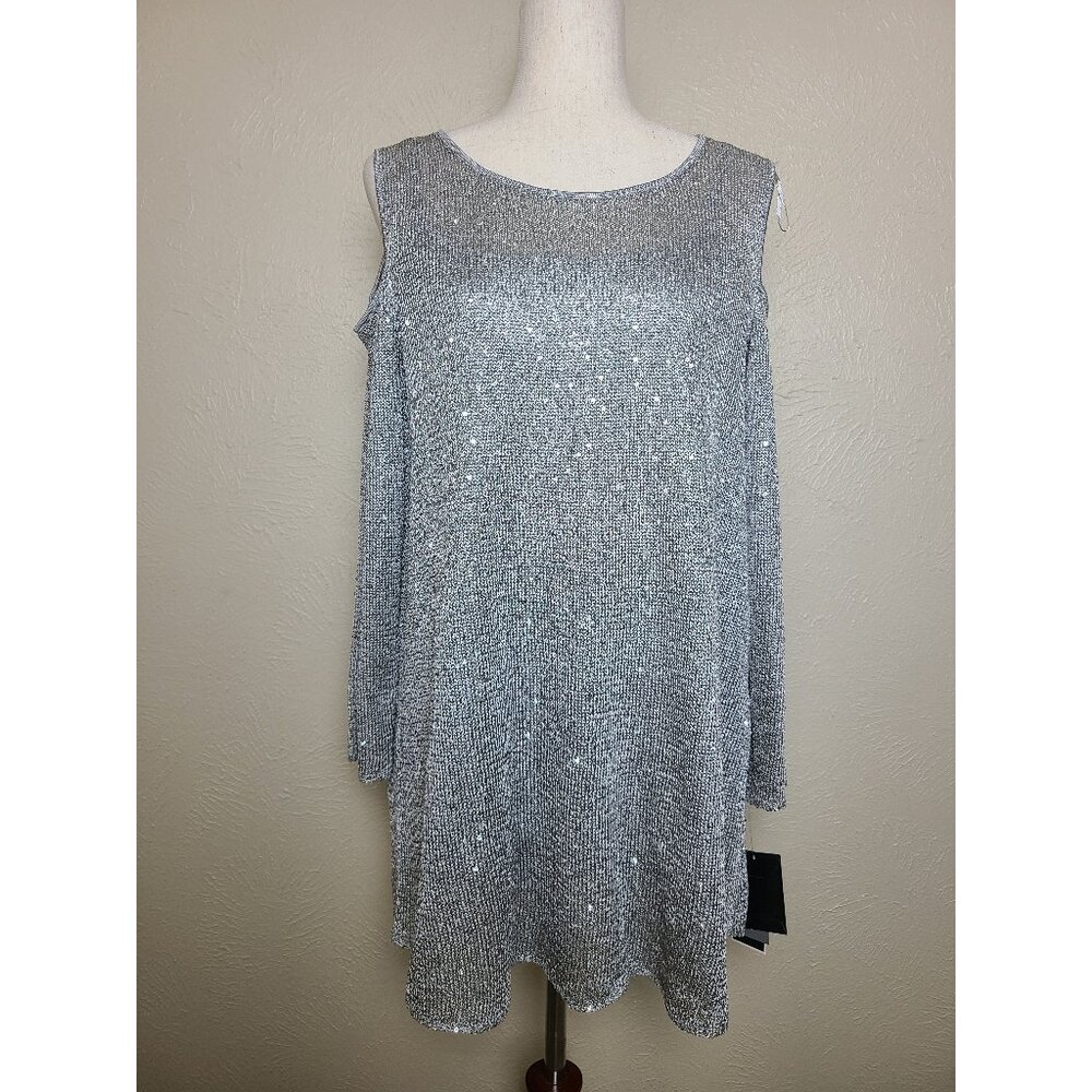 Alfani Womens Top Blouse Shirt Long Sleeves Silver Sequin Sweater Size XL A489